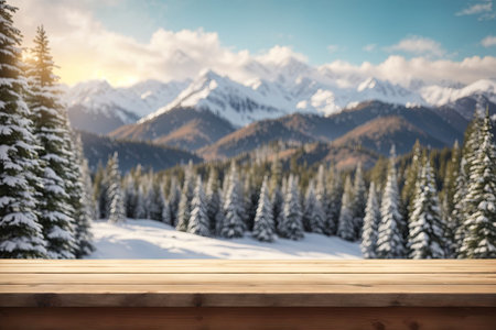 The empty wooden table top with blur background of Alpine with snow capped. exuberant imageの素材