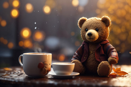 a cute bear sitting next to hot coffee mug on wooden table near window autumn leafs weather background.の素材