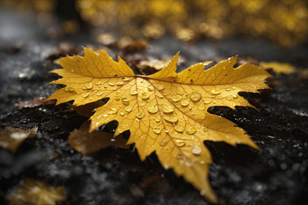 Big colorful maple leaf on wet pavement with other autumn leavesの素材