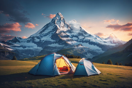 camping tent on a Alpine valley glowing by sunlight. Popular tourist attractionsの素材