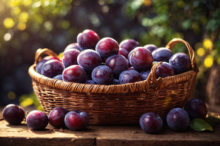 basket of fresh ripe plums on a wooden background.の素材