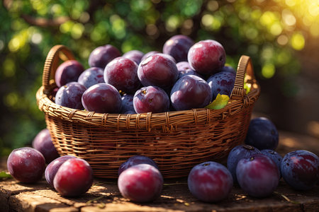 basket of fresh ripe plums on a wooden background.の素材