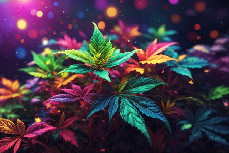 Cannabis Marijuana Bud Flower. Hemp Bud in colored light isolated on dark blue backgroundの素材