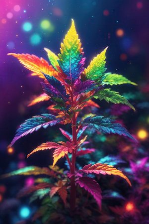Cannabis Marijuana Bud Flower. Hemp Bud in colored light isolated on dark blue backgroundの素材