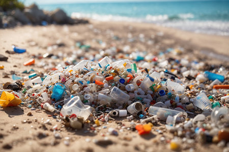 plastic waste pollutes the beach, bottles lying on the beach harm the environment.の素材