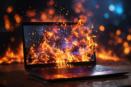 Laptop computer engulfed in flames and burning.の素材