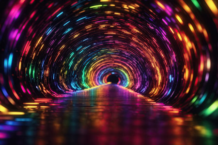 Multicolored light tunnel of different colors, yellow blue, red, blurred circle on a black background.の素材