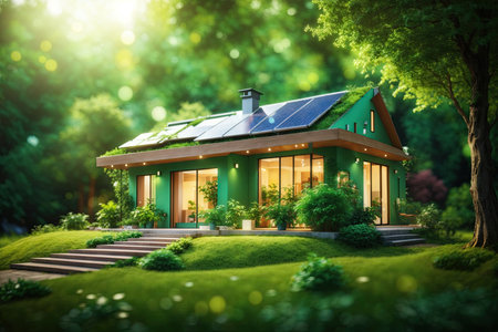 house on a background of plants as a symbol of a private country house. The concept of real estate in mortgages. copy space, copy space.の素材