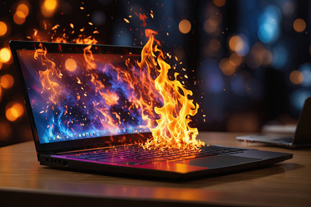 Laptop computer engulfed in flames and burning.の素材