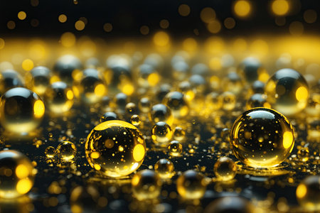 Beautiful and fantastic macro photo of water droplets in oil with a yellow backgroundの素材