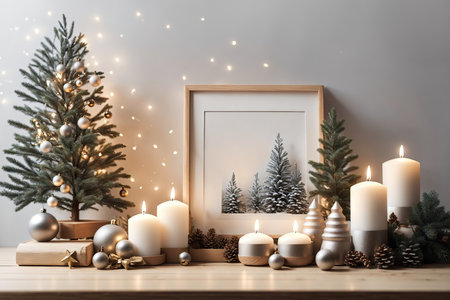 Empty mock up photo frame with LED candle light on white brick wall background.の素材