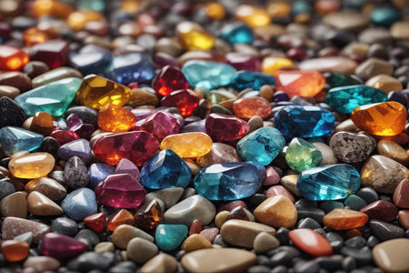 Beautiful gems background. Photo of a sparkling and colorful real gemstones in natural sunlight.の素材