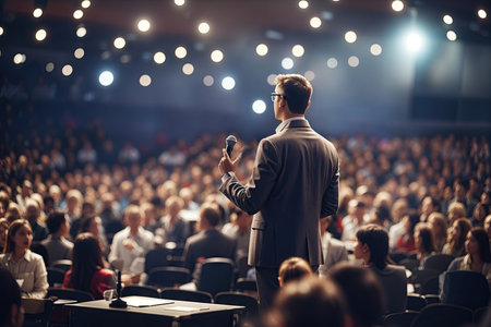 Business man is making a speech in front of a large audience at a conference hall.の素材