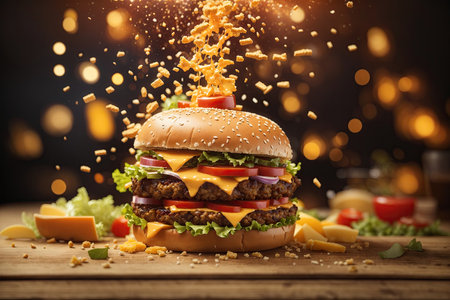 Exploded hamburger on wooden table background.の素材