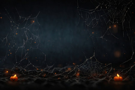 Real spooky spider webs hanging together to make a frame. Halloween background.の素材