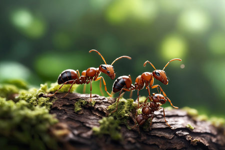 Red ants are looking for food on green branches. Work ants are walking on the branches.の素材