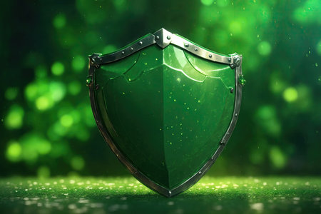 medical shield on green background. Family life insurance, Medical care insurance green shield.の素材