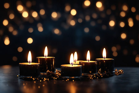 Four big different burning candles. Bright light on dark background. RIP darkness template.の素材
