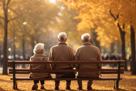 a senior couple sitting on a wooden bench in the autumn park.の素材