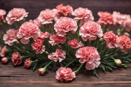 Carnation flowers on wooden tableの素材