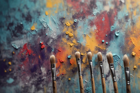 abstract oil paint texture on canvas and paint brushes, background.の素材