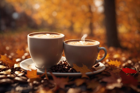 autumn aesthetic concept. Cup of cappuccino coffee and yellow autumn leaves on wooden backgroundの素材