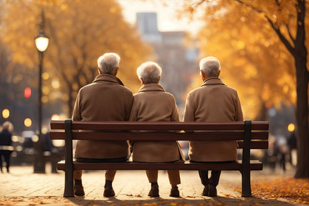 a senior couple sitting on a wooden bench in the autumn park.の素材