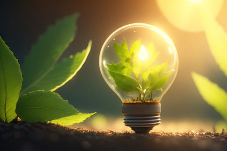 Eco friendly lightbulb from fresh leaves top view. ai generative.の素材