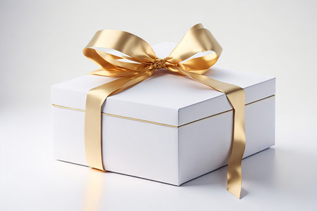 Beautiful Gift Box with Ribbon Bow on white background. ai generative.の素材