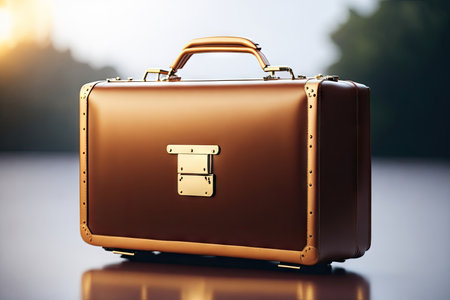 Classic briefcase isolated on wooden background. ai generative.の素材