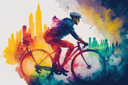 Double exposure of a cyclist young man. ai generative.の素材