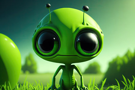 green cartoon Alien with big head and black eyes. ai generative.の素材