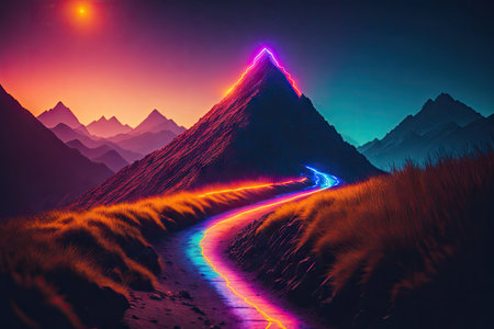 neon Path to mountain top contrast saturated. ai generative.の素材