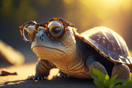 Very old turtle with bad eyesight wearing glass. ai generative.の素材