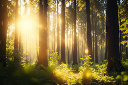 the sun shines through the trees in the forest. ai generative.の素材