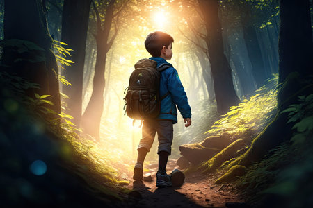 boy hiking in a deep forest. ai generative.の素材
