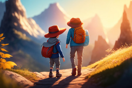 create an image of a kid hiking with his mom. ai generative.の素材