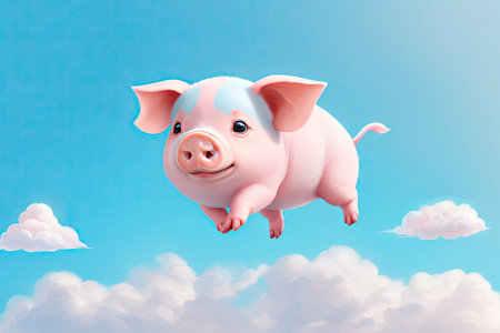 flying pig on a blue background in the clouds. ai generative.の素材
