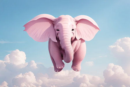 Funny animal concept pink elephant flying in the clouds. ai generative.の素材