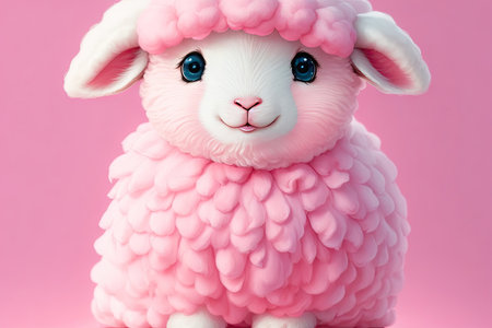 Little cute baby sheep on pastel pink background. ai generative.の素材