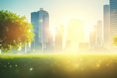 green modern city skyline backlight bokeh. ai generative.の素材