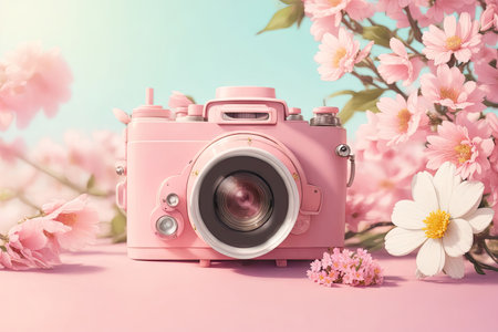 minimal Pastel pink retro vintage camera with flowers. ai generative.の素材
