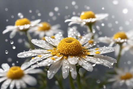 Chamomile or camomile flower with drops of water on the white petals after rain on the green background.の素材