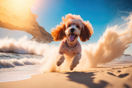Funny happy poodle runs along the sea sandy beach. ai generative.の素材