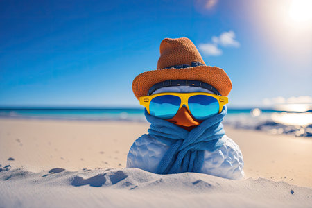 snowman with blue sunglasses hat and scarf. ai generative.の素材