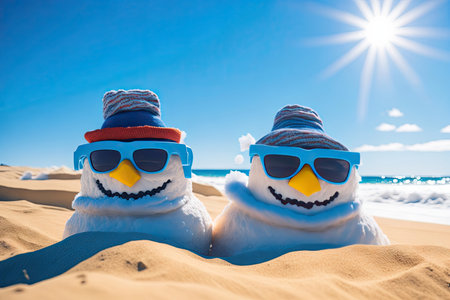 two happy snowmans with blue sunglasses. ai generative.の素材