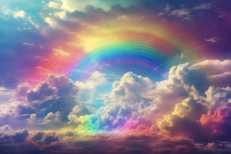 Beautiful vibrant double rainbow Cloudscape Background - awesome blue sky with pretty cloudsの素材