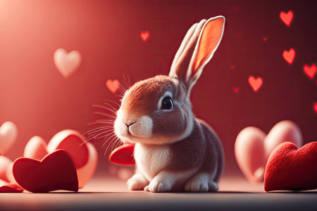 Cute bunny with red hearts on background Valentine day. ai generative.の素材