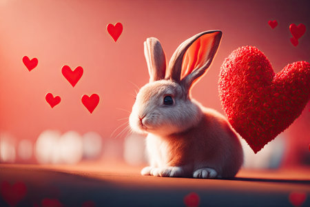 Cute bunny with red hearts on background Valentine day. ai generative.の素材