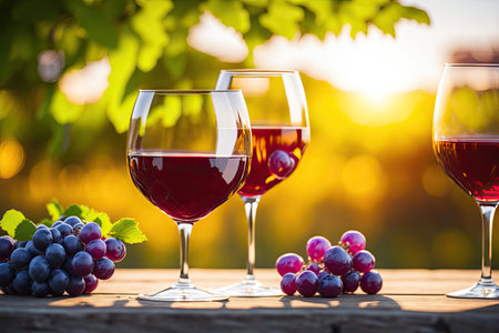 Glasses of red and white wine and ripe grapes. ai generative.の素材